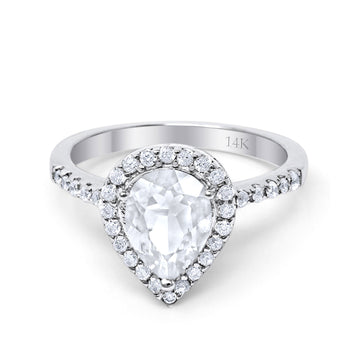 14K White Gold Halo Teardrop Bridal Filigree Ring Simulated Cubic Zirconia